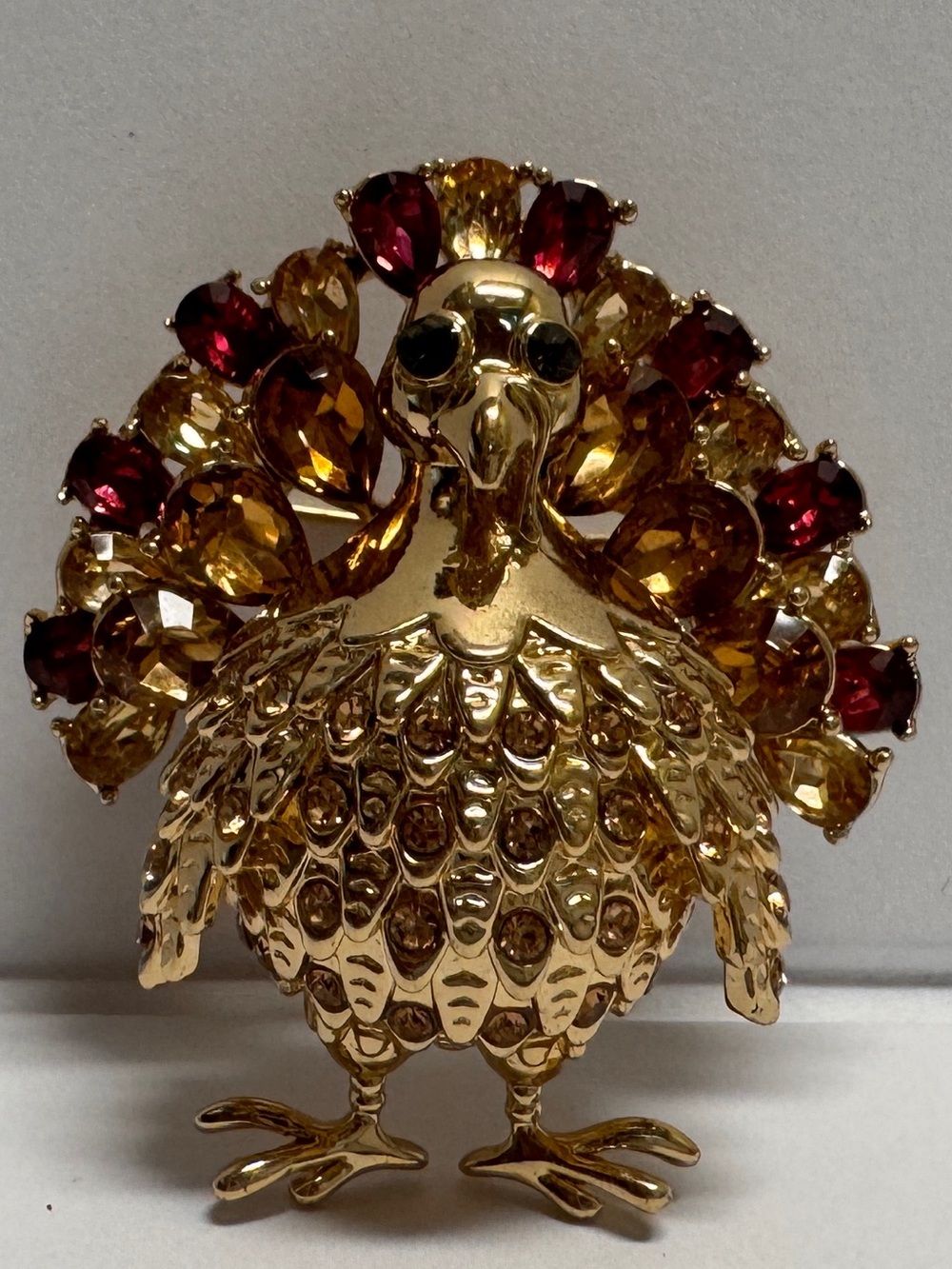 Gold-tone Turkey Brooch with Red and Amber Stones